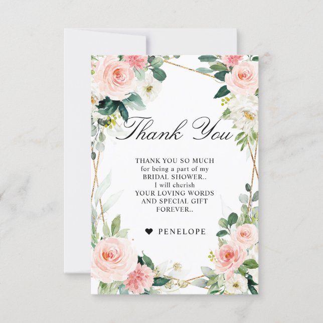 Blush Floral Geometric Botanical Bridal Shower Thank You Card (Front)