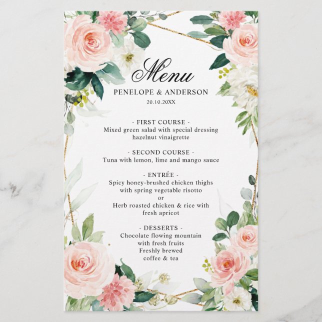 Blush Floral Geometric Botanical Wedding Menu (Front)