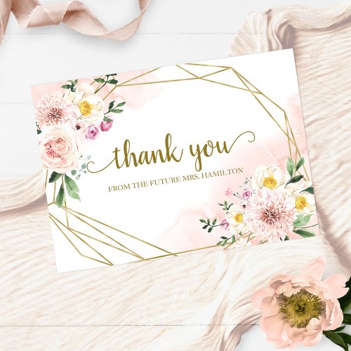 Blush Floral Geometric Bridal Shower Thank You Holiday Card