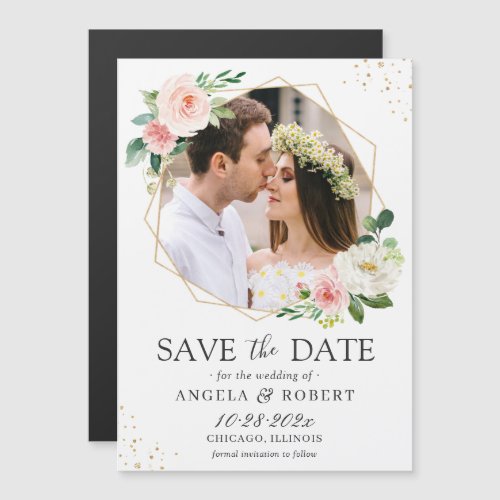 Blush Floral Geometric Photo Save the Date Magnet