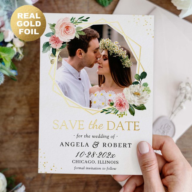 Blush Floral Geometric Photo Save the Date Real Foil Invitation (Creator Uploaded)