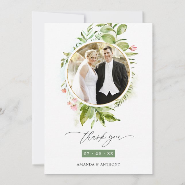 Blush Floral Geometric Wedding Photo Collage Thank You Card (Front)