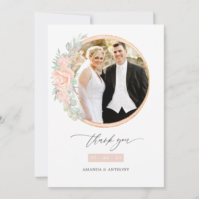 Blush Floral Geometric Wedding Photo Collage Thank You Card (Front)