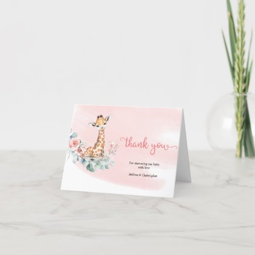 Blush floral girl baby giraffe eucalyptus wreath thank you card