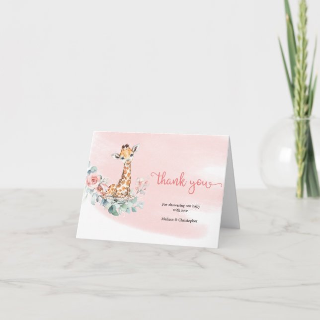 Blush floral girl baby giraffe eucalyptus wreath thank you card (Front)