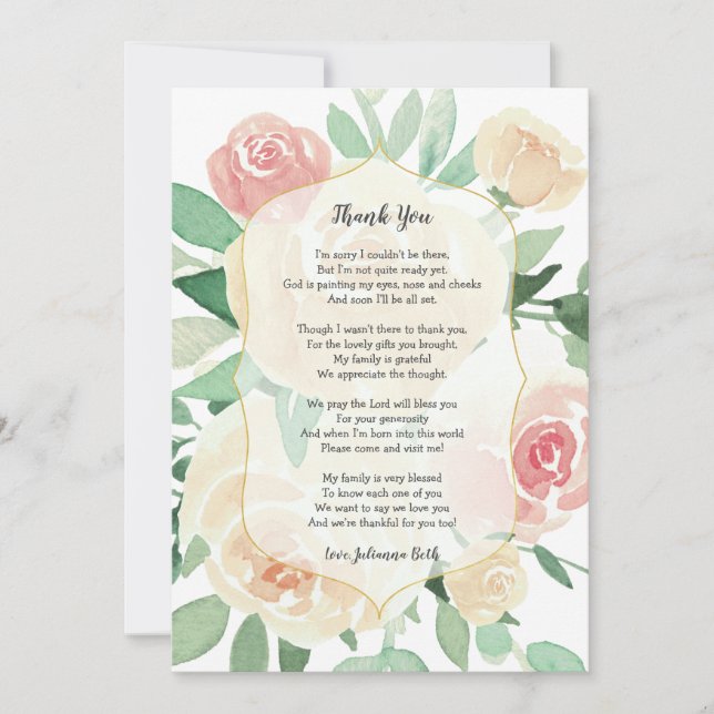 Blush Floral girl baby shower thank you Card (Front)