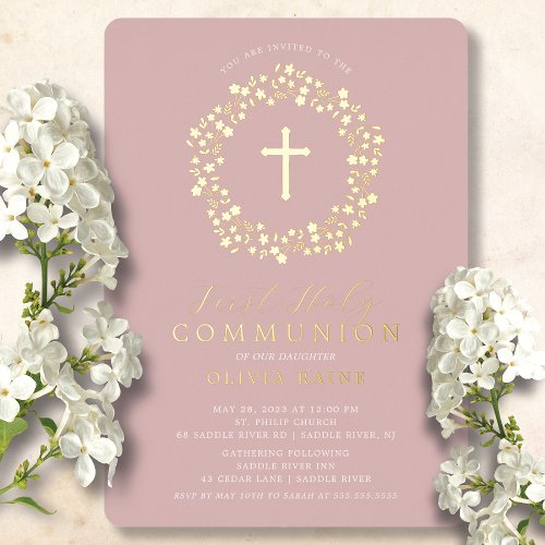 Blush Floral Girls First Communion Foil Invitation