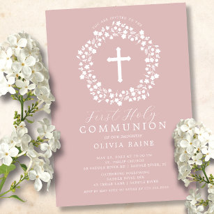 Blush Floral Girls First Communion Invitation