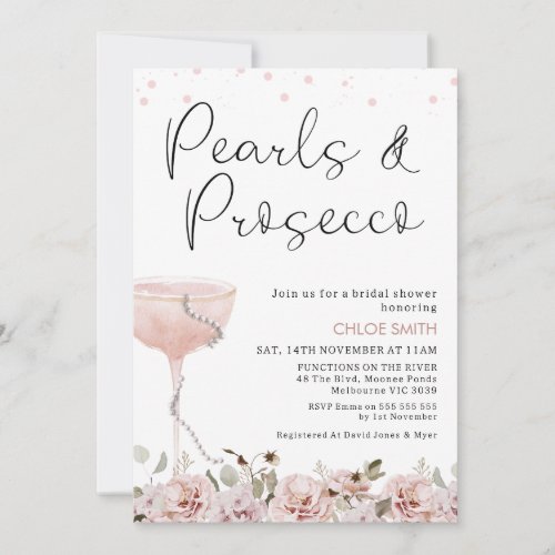Blush Floral Glass Pearls Prosecco Bridal Shower Invitation