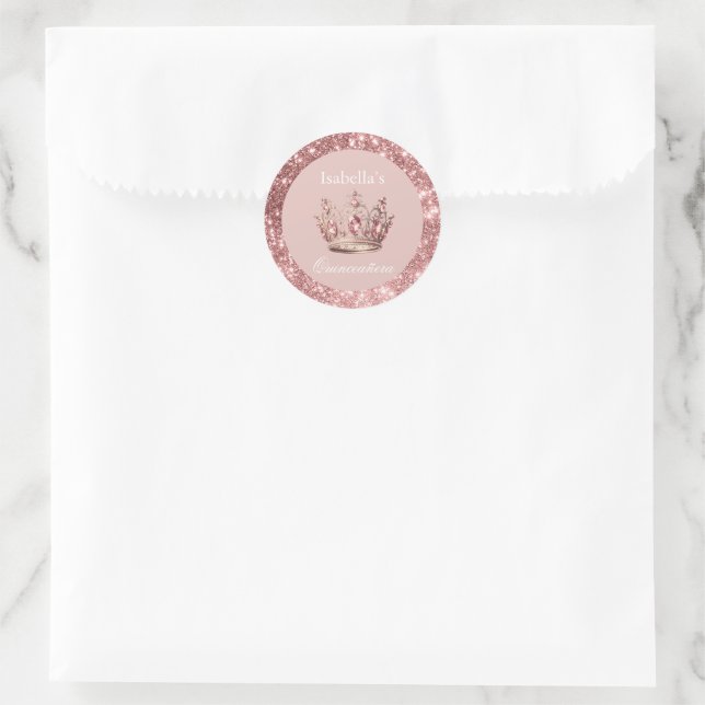 Blush Floral Glitter Tiara Crown Quinceañera Classic Round Sticker (Bag)