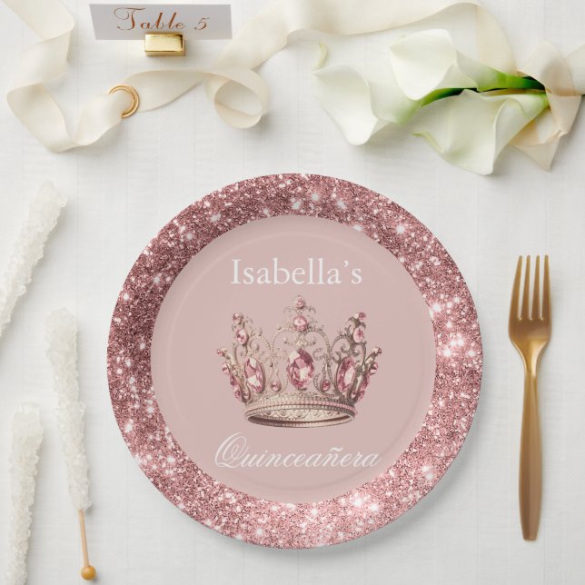 Blush Floral Glitter Tiara Crown Quinceañera Paper Plates (Wedding)
