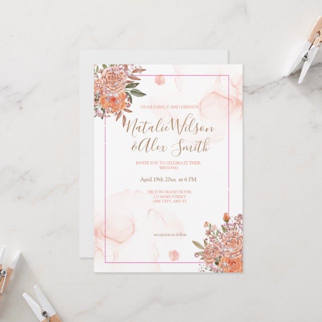 Blush Floral Glittery  Wedding Invitation (Front/Back In Situ)