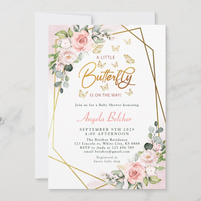 Blush Floral Gold A Little Butterfly Baby Shower Invitation (Front)