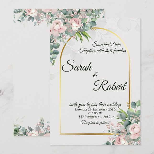 Blush Floral Gold Arch Wedding Invitation (Front/Back)