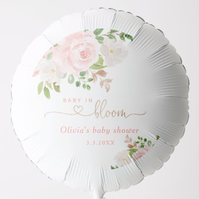 Blush floral gold baby in bloom baby shower balloon (Front)