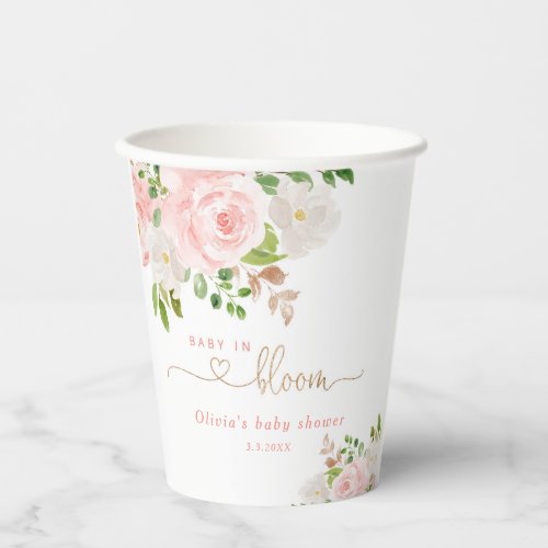Blush floral gold baby in bloom baby shower paper cups