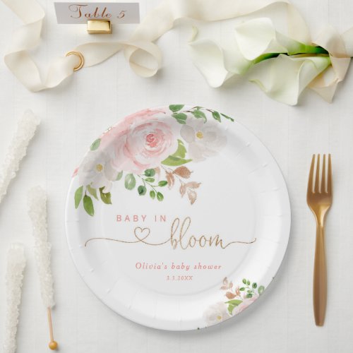 Blush floral gold baby in bloom baby shower paper plates