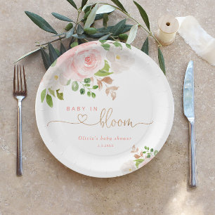 Blush floral gold baby in bloom baby shower paper plates