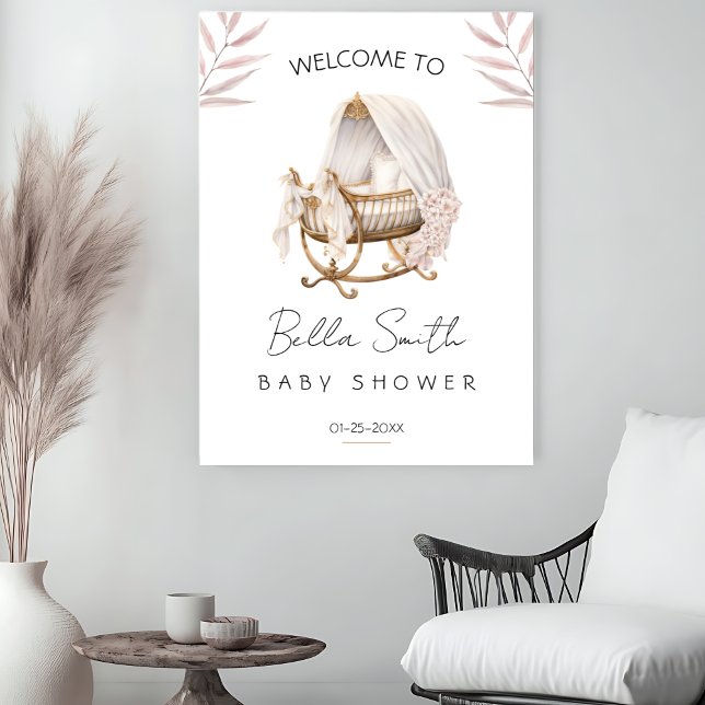 Blush Floral Gold Bassinet Baby Shower Welcome Poster (Creator Uploaded)