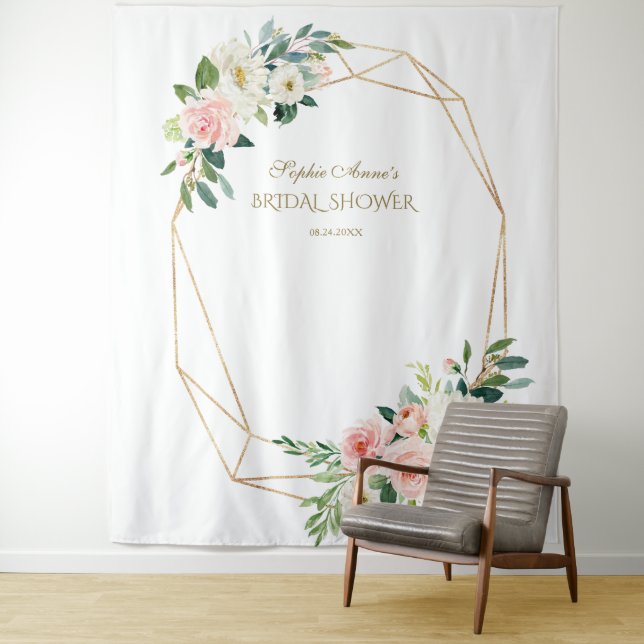 Blush Floral Gold Bridal Showers Photo Booth Prop Tapestry (In Situ)