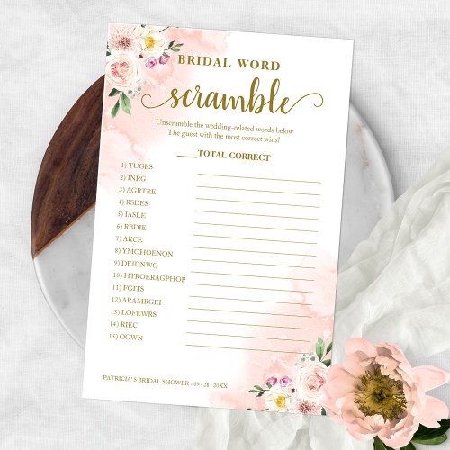 Blush Floral Gold Bridal Word Scramble Game Flyer