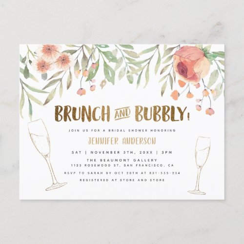 Blush Floral  Gold Brunch  Bubbly Bridal Shower Invitation Postcard