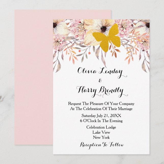 Blush Floral Gold Butterfly Wedding Invitation (Front/Back)