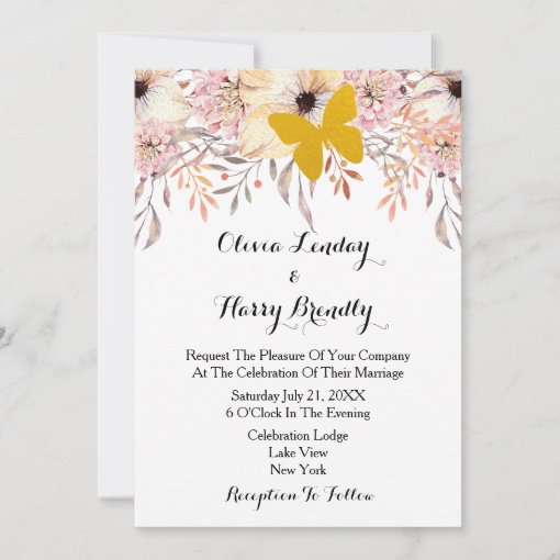 Blush Floral Gold Butterfly Wedding Invitation Zazzle 2301