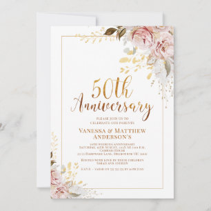 Blush Floral Gold Calligraphy 50th Anniversary Invitation