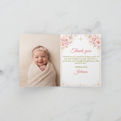 Blush Floral Gold Cross Baptism Photo  Thank You Card