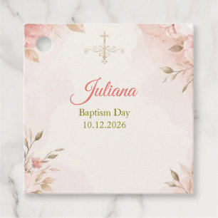 Blush Floral Gold Cross Baptism Square Favor Tags