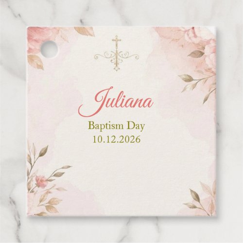 Blush Floral Gold Cross Baptism Square Favor  Tags
