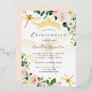 Blush Floral Gold Dragonfly Quinceanera Foil Invitation