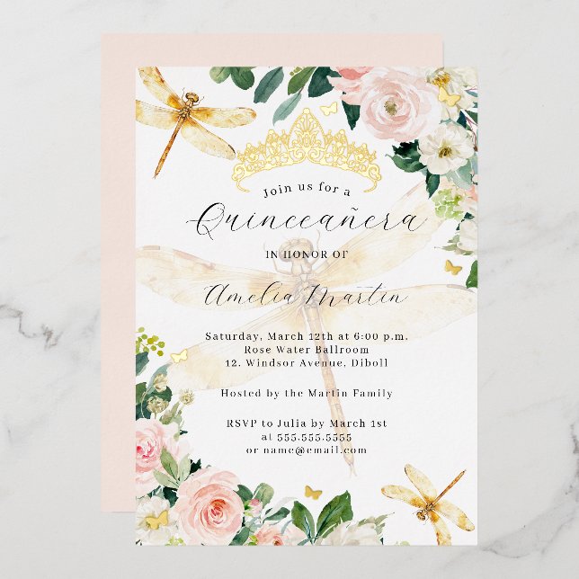 Blush Floral Gold Dragonfly Quinceanera Foil Invitation (Front/Back)