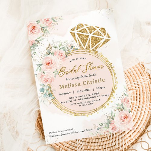 Blush Floral Gold Engagement Ring Bridal Shower Invitation