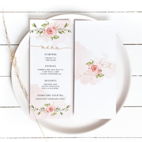 Blush floral gold foil wedding menu card