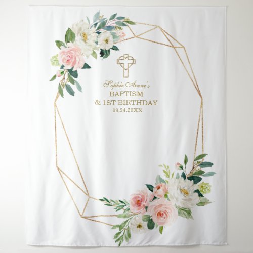 Blush Floral Gold Frame 1st Birthday Baptism Drop Tapestry