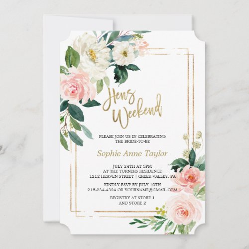 Blush Floral Gold Frame Bachelorette Weekend Party Invitation