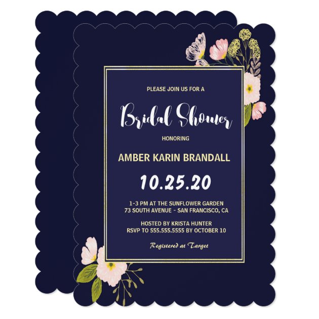 Blush Floral Gold Frame Navy Blue Bridal Shower Invitation