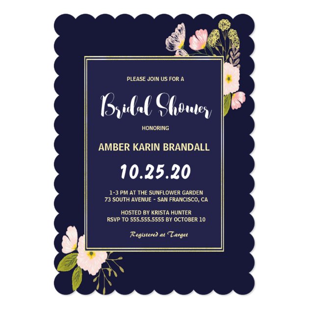 Blush Floral Gold Frame Navy Blue Bridal Shower Invitation