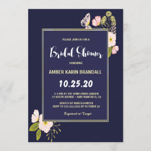 Blush Floral Gold Frame Navy Blue Bridal Shower Invitation