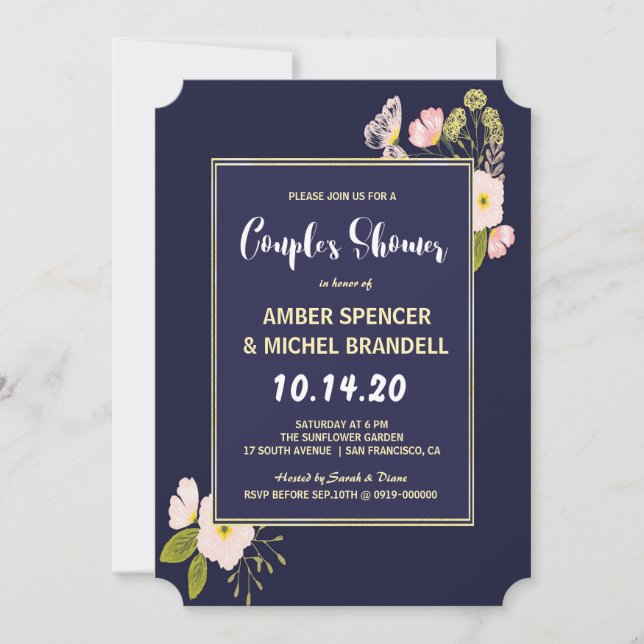 Blush Floral Gold Frame Navy Blue Couple's Shower Invitation (Front)