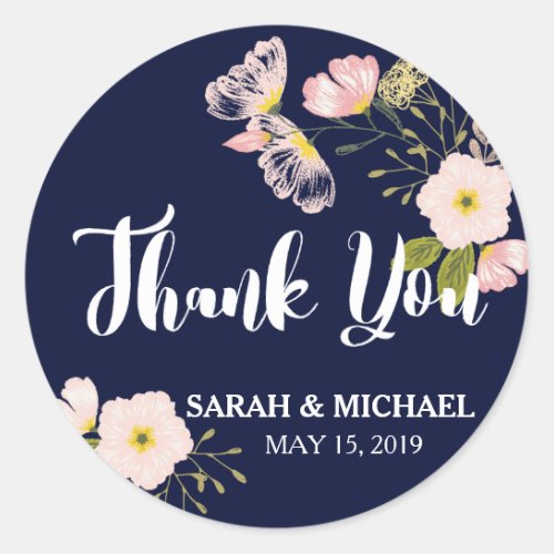 Blush Floral Gold Frame Navy Blue Custom Wedding Classic Round Sticker