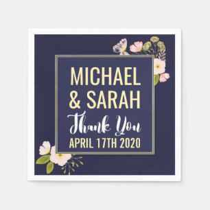Blush Floral Gold Frame Navy Blue Custom Wedding Paper Napkins