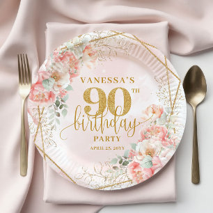 Blush Floral Gold Frame Personalized 90th Birthday Paper Plates
