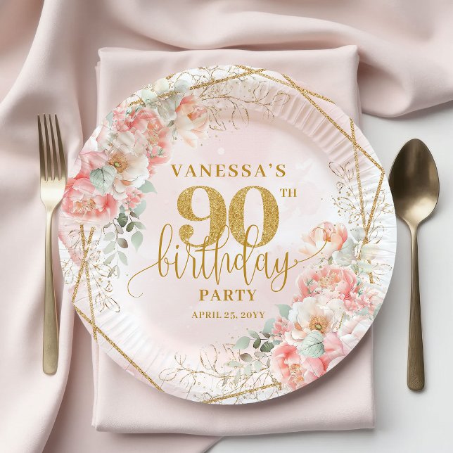 Blush Floral Gold Frame Personalized 90th Birthday Paper Plates (Blush Floral Gold Frame Personalized 90th Birthday Plate)