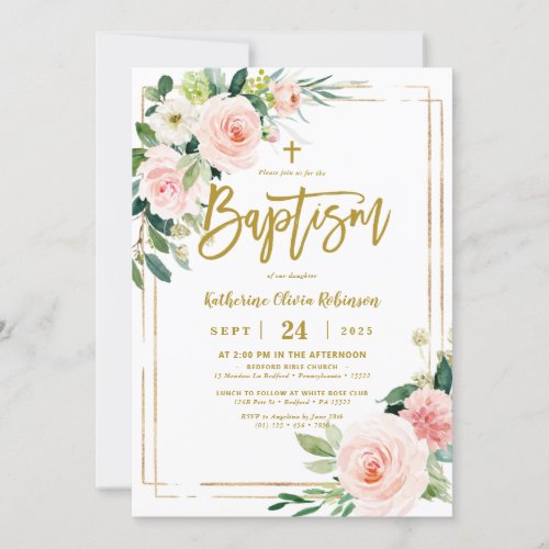 Blush Floral Gold Frame Photo Baptism Invitation