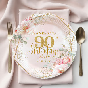 Blush Floral Gold Frame Stylish 90 Birthday Plates