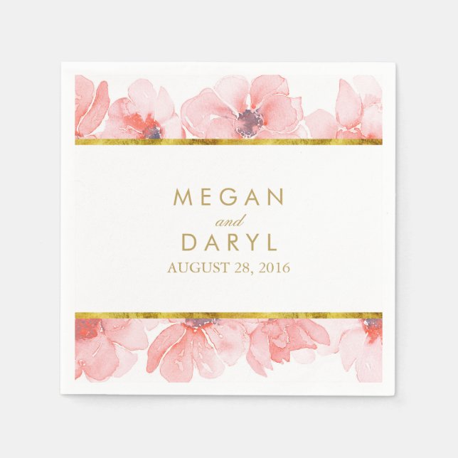 Blush Floral Gold Frame Wedding Napkins (Front)