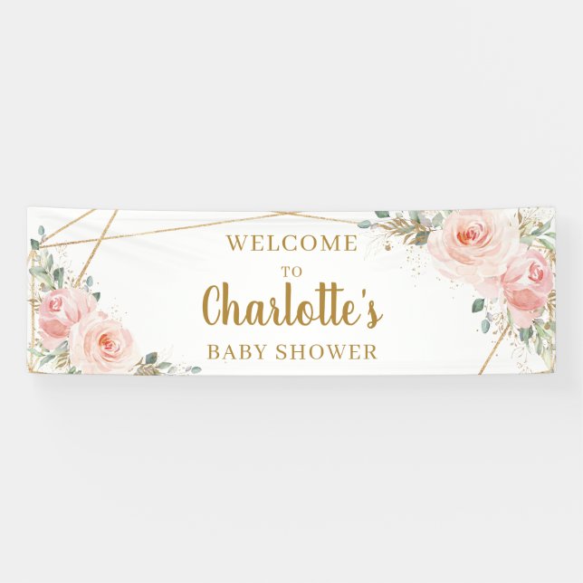 Blush Floral Gold Geometric Baby Shower Backdrop Banner (Horizontal)